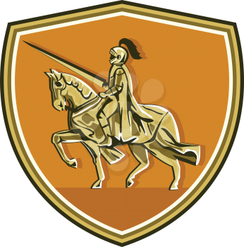 Illustration of knight in full armor with lance riding horse steed viewed from the side set inside shield crest done in retro style. 