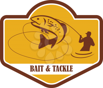 Illustration of a trout fish jumping and fly fisherman fishing viewed from the side set inside shield crest with the words Bait & Tackle in the bottom done in retro style. 