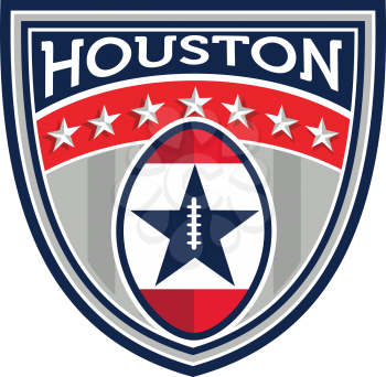 Illustration of an American football ball big game set inside shield crest with stars and stripes and the word Houston done in retro style. 