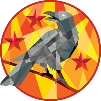 Low polygon style illustration of a crow bird perched on a piece of wood looking back set inside circle with stars in the background. 
