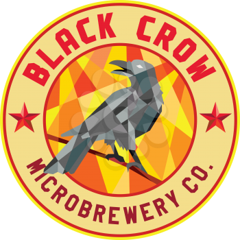 Low polygon style illustration of a crow bird perched on a piece of wood looking back set inside circle with the words Black Crow Microbrewery Co.
