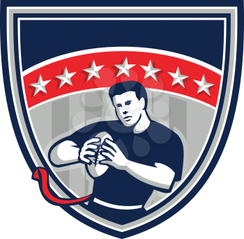 Illustration of a flag football player QB holding ball running viewed from front set inside shield crest with stars and stripes in the background done in retro style. 