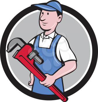 Illustration of a handyman wearing hat looking to the side holding pipe wrench viewed from front set inside circle on isolated background done in cartoon style. 