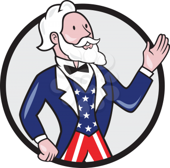Illustration of Uncle Sam wearing american stars and stripes suit waving hand looking to the side viewed from the side set inside circle on isolated background done in cartoon style. 