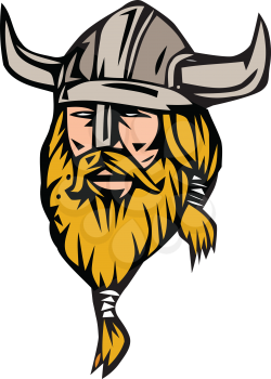 Illustration of a norseman viking warrior raider barbarian head with beard wearing horned helmet viewed from front set on isolated white background done in retro style. 