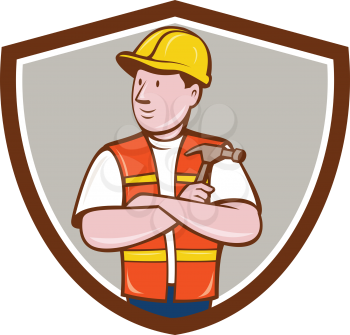 Illustration of a builder carpenter construction worker arms folded holding hammer looking to the side set inside shield crest on isolated background done in cartoon style. 