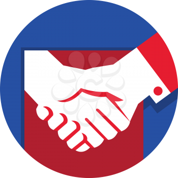 Illustration of a hand shaking business deal set inside circle done in retro style. 