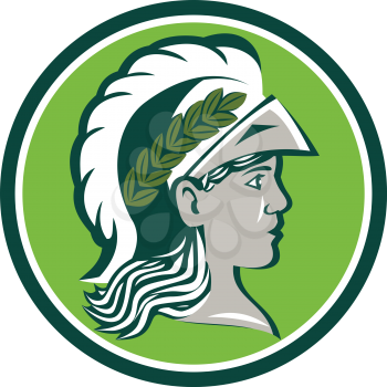 Illustration of Minerva or Menrva, the Roman goddess of wisdom and sponsor of arts, trade, and strategy wearing helmet and laurel crown viewed from side set inside circle on isolated white background 