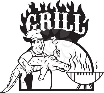 Black and white sytle illustration of a chef smiling carrying alligator in one hand and holding spatula in the other hand cooking with bbq grill viewed from front set inside half circle with the word 