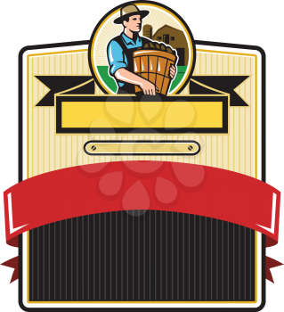 Illustration of an organic farmer carrying basket of harvest crops looking to the side with barn in the background set inside circle and badge with ribbon done in retro style. 
