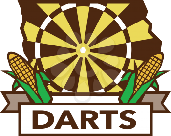 Illustration of a Iowa state map dart board and corn set on isolated white background with the word text Darts done in retro style. 