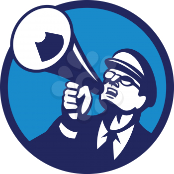 Illustration of a nerd man wearing hat and eye glasses looking up shouting through megaphone set inside circle on isolated background done in retro style. 