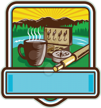 Illustration of a mug, fly tackle bait box, fly rod and reel set inside crest shield with mountain river trees and sunburst in the background done in retro woodcut style. 