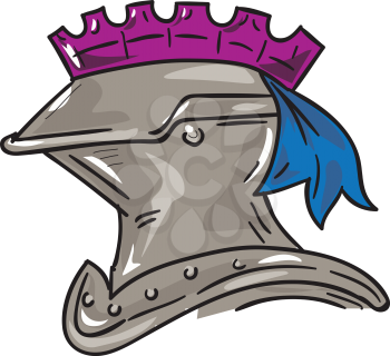 Drawing sketch style illustration of a knight armor helmet viewed from the side set on isolated white background. 