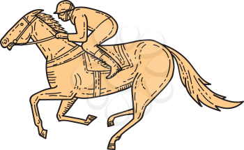 Mono line style illustration of horse and jockey racing viewed from the side set on isolated white background. 
