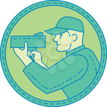 Mono line style illustration of a policeman police officer pointing speed radar gun viewed from the side set inside circle on isolated background. 