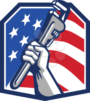 Illustration of a plumber hand clutching adjustable pipe wrench viewed from the side set inside heptagon shield crest shape with usa stars and stripes flag in the background done in retro style. 