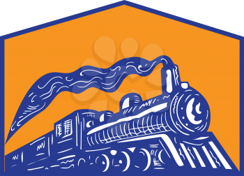 Illustration of a steam train locomotive coming arriving viewed from low angle set inside shield crest on isolated background done in retro style. 