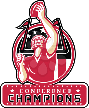 Illustration of an american football quarterback holding up ball facing front set inside circle with stars and stripes flag with words Conference Champions Atlanta done in retro style.
