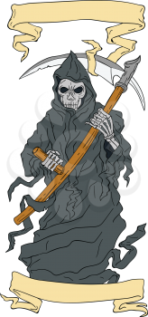 Drawing sketch style illustration of the grim reaper holding scythe viewed from front with scroll set on isolated white background. 