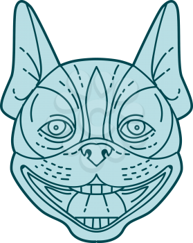 Mono line style illustration of boston terrier head laughing viewed from front set on isolated white background. 