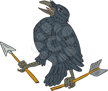 Drawing sketch style illustration of a crow looking up clutching a broken arrow viewed from the side set on isolated white background. 