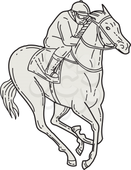 Mono line style illustration of a jockey riding a thoroughbred horse racing set on isolated white background. 