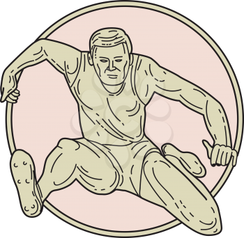 Mono line style illustration of a track and field athlete hurdle set inside circle on isolated background viewed from front. 