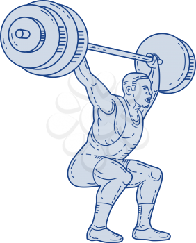 Mono line style illustration of a weightlifter lifting barbell weights with both hands set  on isolated white background. 