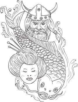 Drawing sketch style illustration of a head of a norseman viking warrior raider barbarian wearing horned helmet with beard, koi carp fish diving and geisha girl viewed from front set on isolated white