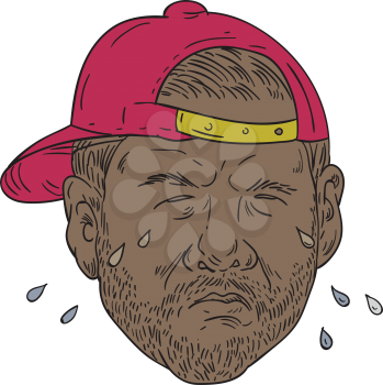 Drawing sketch style illustration of an african-american rapper wearing hat crying 
set on isolated white background viewed from front.