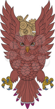 Drawing sketch style illustration of an owl facing front swooping with wings spread  out with clock gears in the background. 