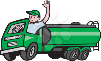 Illustration of a six 6 wheeler tanker truck petrol tanker with driver waving hello on isolated white background done in cartoon style. 