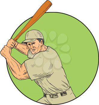 Drawing sketch style illustration of an american baseball player batter hitter holding bat in batting stance viewed from front set inside circle. 