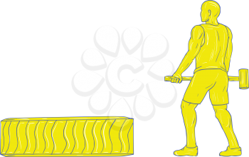 Drawing sketch style illustration of an athlete working out holding hammer with tire viewed from the side set on isolated white background. 