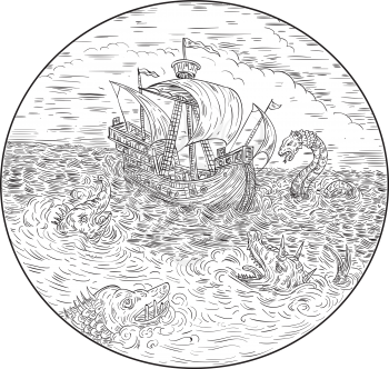 Drawing sketch style illustration of a tall ship sailing in turbulent ocean sea with serpents and sea dragons around set inside circle done in black and white. 