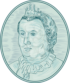 Drawing sketch style illustration of an 18th century European empress bust with crown looking to the side viewed from front set inside oval shape. 