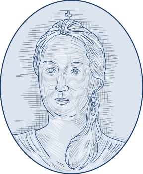 Drawing sketch style illustration of an 18th century Russian empress bust viewed from front set inside oval shape. 