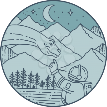 Mono line style illustration of an astronaut touching brontosaurus dinosaur head set inside circle with mountain, moon, stars and trees in the background. 