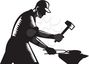 Black and white illustration of a blacksmith worker forging iron viewed from the side set on isolated white background done in retro woodcut style. 