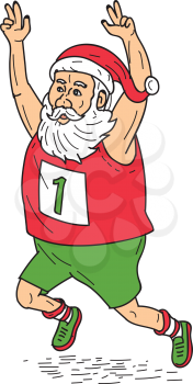 Illustration of santa claus saint nicholas father christmas running a marathon raising hands over head set on isolated white background done in cartoon style. 