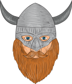 Drawing sketch style illustration of a norseman viking warrior raider barbarian head with beard wearing horned helmet viewed from front set on isolated white background. 