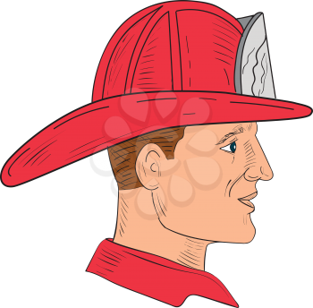 Drawing sketch style of a fireman wearing vintage fireman fire fighter helmet viewed from the side set on isolated white background. 
