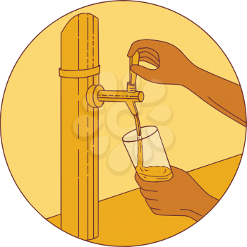 Drawing sketch style illustration of a hand holding glass pouring beer from tap set inside circle viewed from front. 