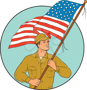 Drawing sketch style illustration of an american soldier serviceman waving holding usa flag looking to the side set inside circle on isolated background. 