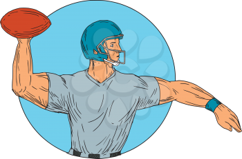 Drawing sketch style illustration of an american football gridiron quarterback player arms stretched throwing ball viewed from the side set inside circle on isolated background.