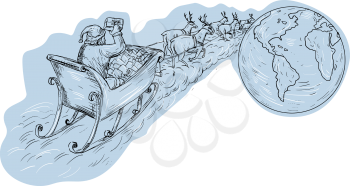 Drawing sketch style illustration of santa on a sleigh with reindeers delivering gifts aournd the world viewed from the rear. 