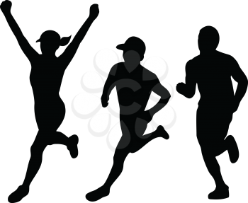 Collection set of illustrations of silhouettes of male and female marathon triathlete runner running winning finishing race on isolated background.