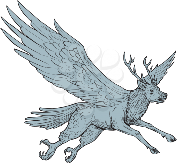 Drawing sketch style illustration of a Peryton, a Medieval European mythical creature with head, forelegs and antlers of a full-grown stag with the wings plumage and hindquarters of a bird flying view