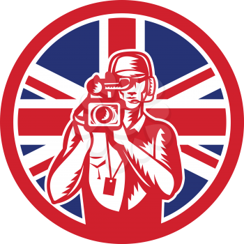 Icon retro style illustration of a British cameraman or camera operator for motion pictures, film or television with United Kingdom UK, Great Britain Union Jack flag set in circle isolated background.